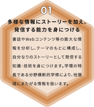 多様な情報にストーリーを加え、発信する能力を身につける 書誌やWebコンテンツ等の膨大な情報を分析し、テーマのもとに構成し、自分なりのストーリーとして発信する知識・技術を身につけます。学環の特長である分野横断的学修により、他領域にまたがる情報を扱います。