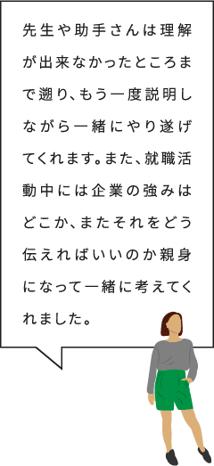 先生や助手さんは理解が出来なかったところまで遡り、もう一度説明しながら一緒にやり遂げてくれます。また、就職活動中には企業の強みはどこか、またそれをどう伝えればいいのか親身になって一緒に考えてくれました。